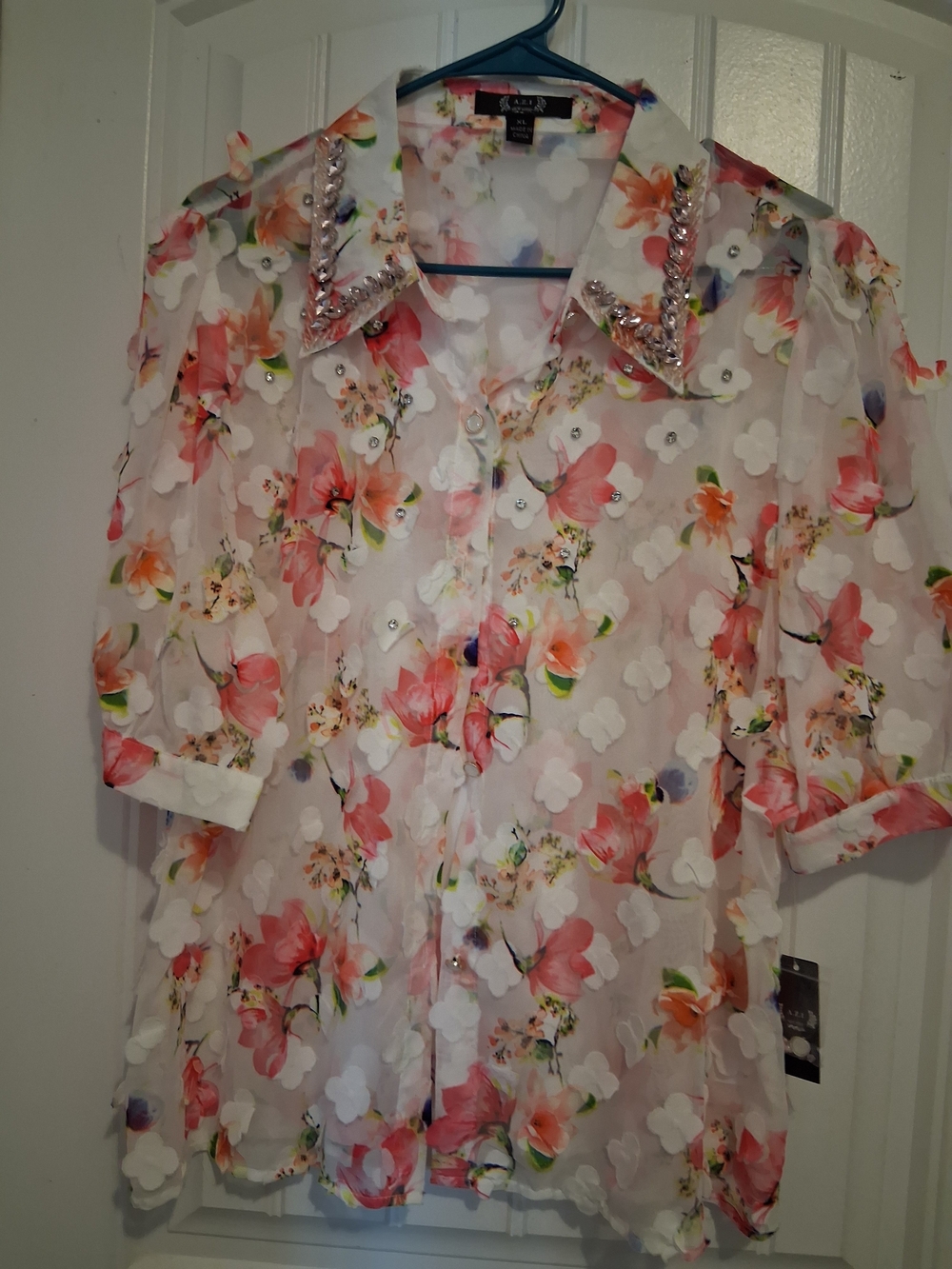 Alfani Women's Floral Embellished Sheer Button-Up Top in Pink